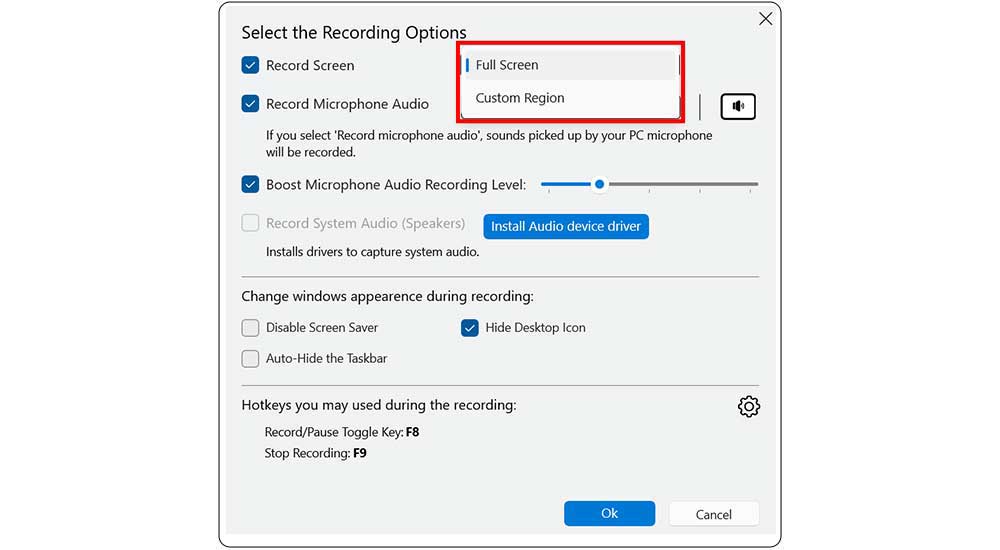 My Screen Recorder – Recording Options and Keyboard Hotkey Settings