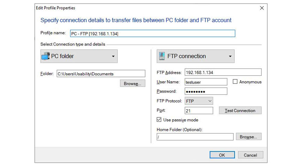 FTP Manager Lite - Edit Connection Profile Settings