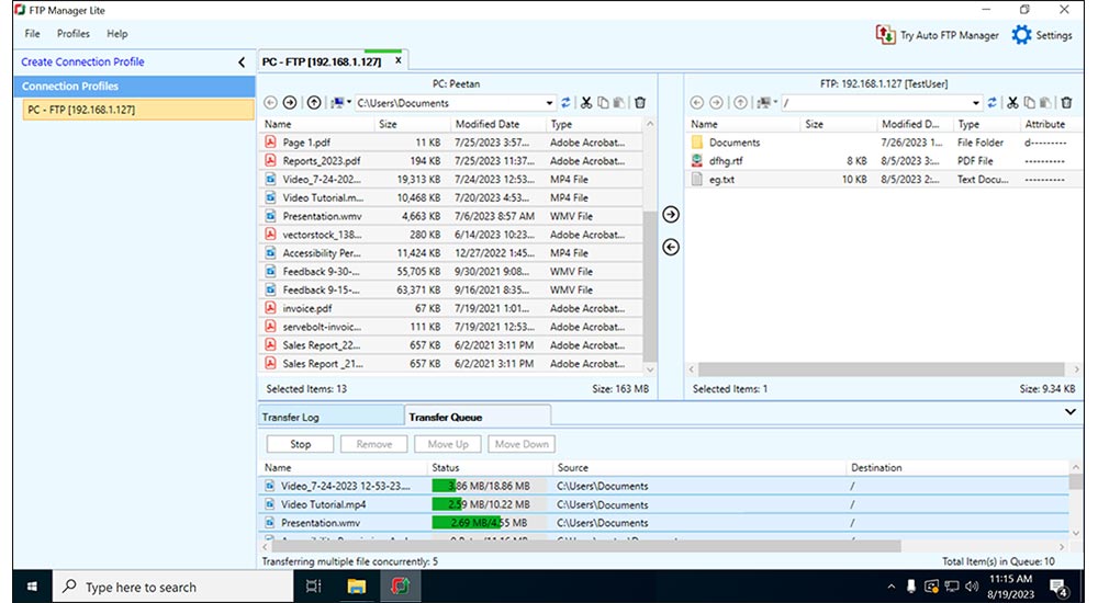 FTP Manager Lite – Main Screen Transfer progress