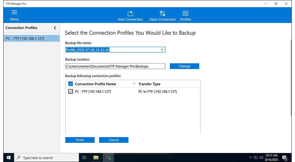 FTP Manager Pro - Connection Profiles Can be Backed-up and Restored On a Different PC