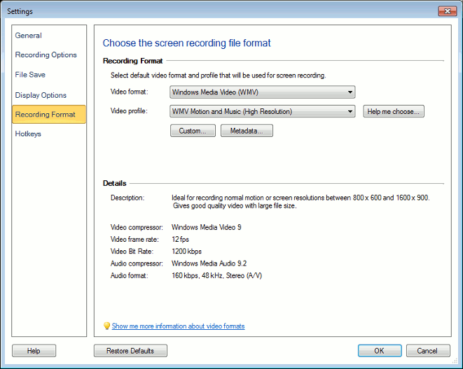 My Screen Recorder - File Format Options